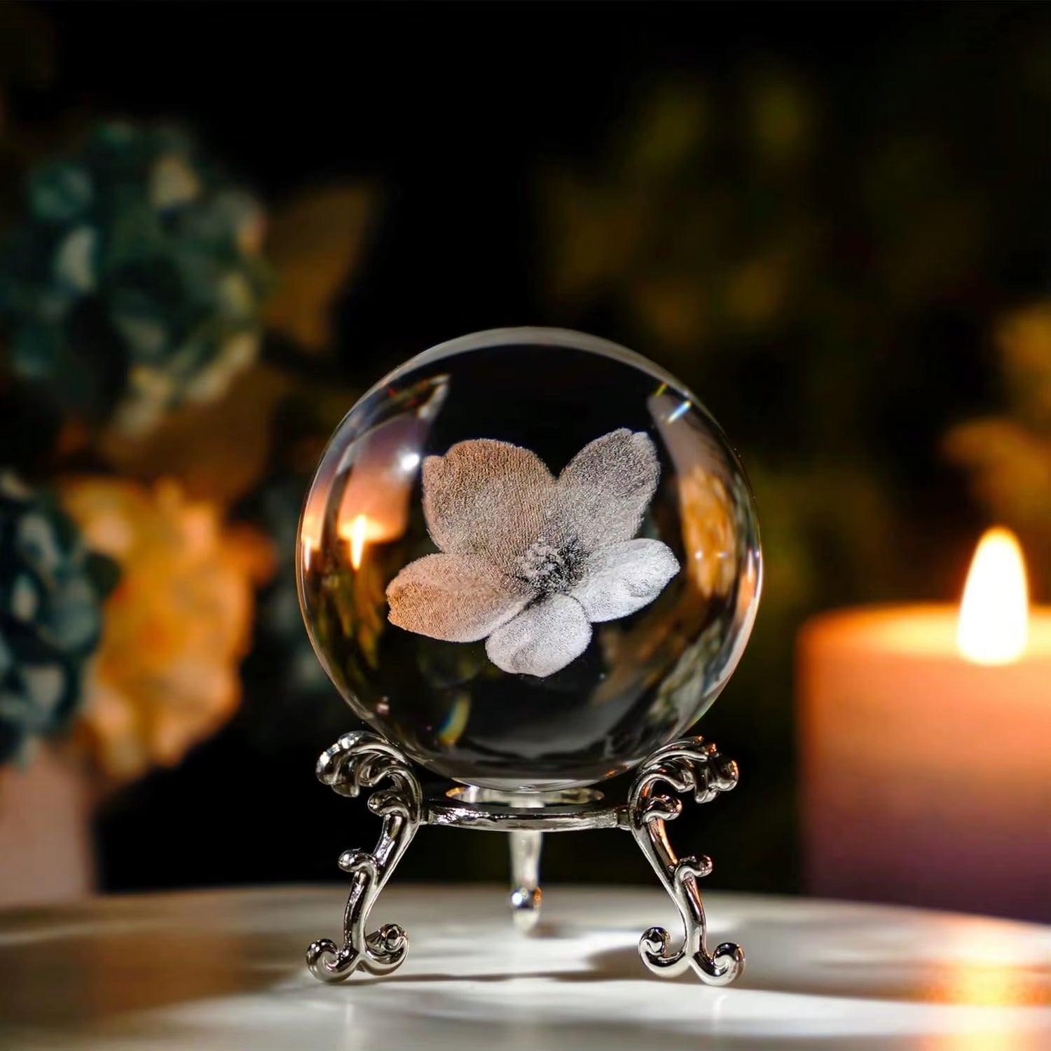 3D Engraved Flower Crystals Sphere with Stand Home Decor Dream Sphere Room Romantic Desktop Ornaments Glass Balls Festival Gifts