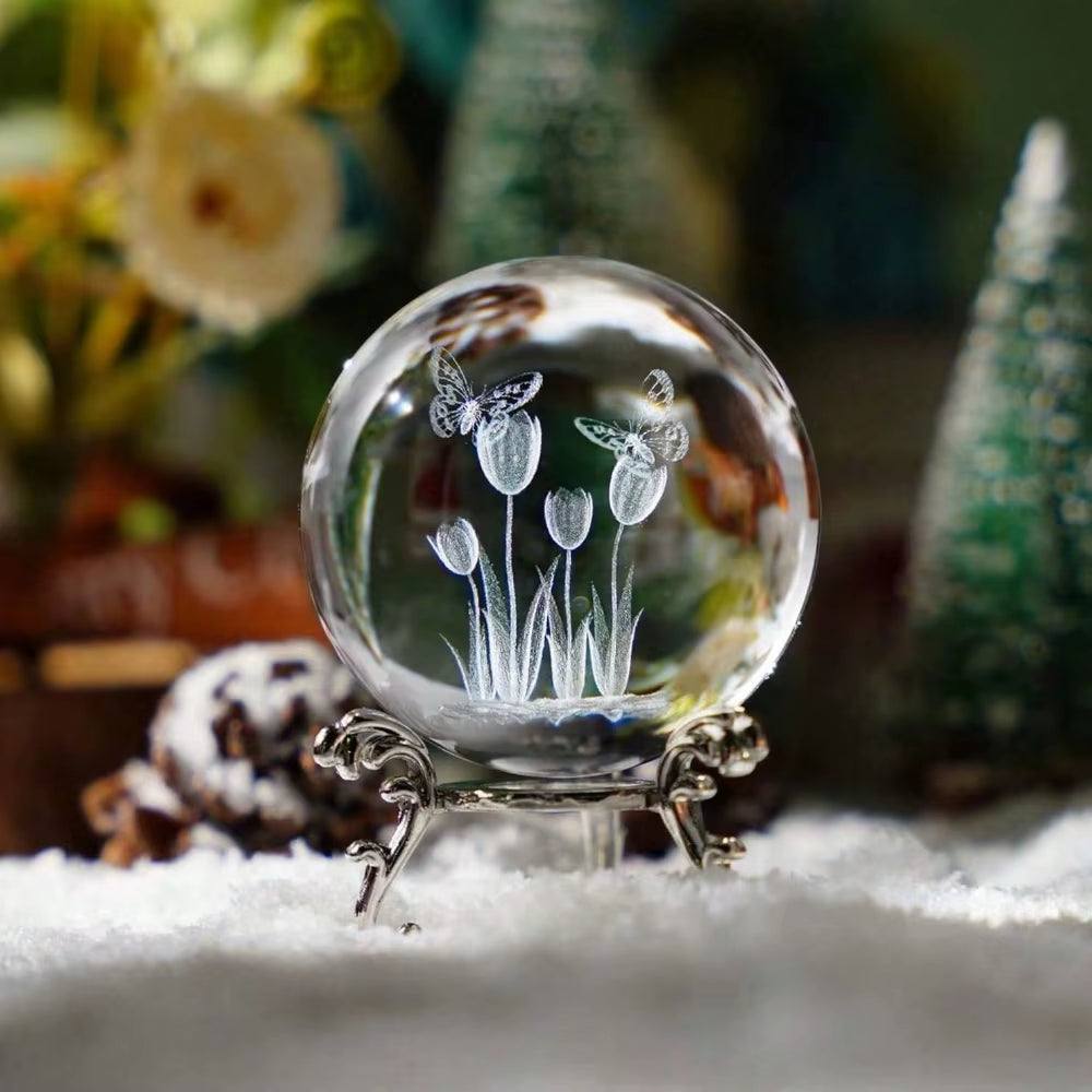 3D Engraved Flower Crystals Sphere with Stand Home Decor Dream Sphere Room Romantic Desktop Ornaments Glass Balls Festival Gifts