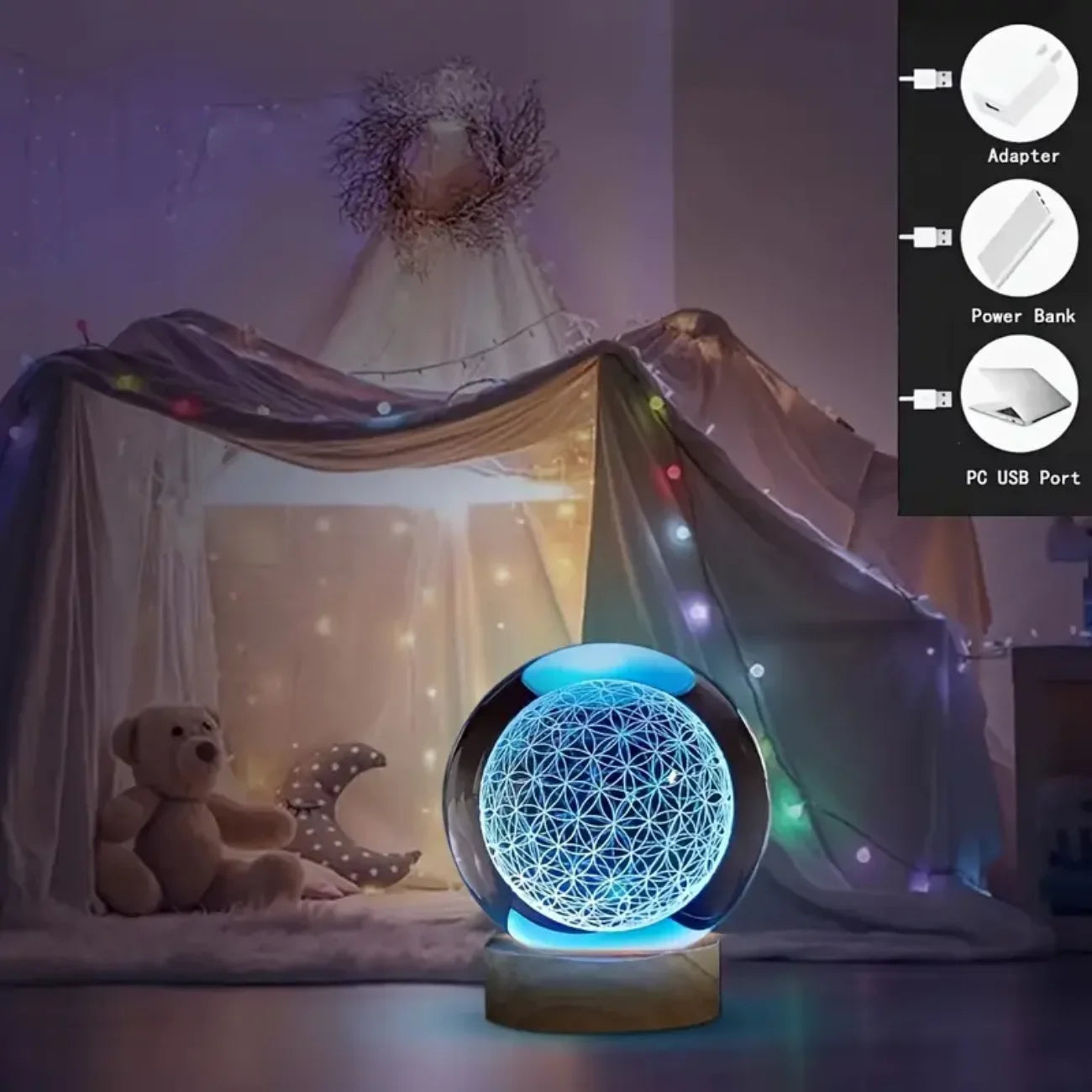 3D Flower of Life Crystal Ball with Usb-Powered Colorful Nightlights - the Perfect Holiday Gift for Family and Friends