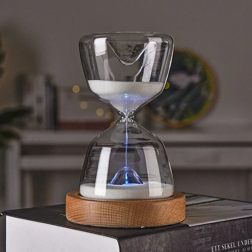 15 Minutes Luminous Remote Control Glass Hourglass Sand Timer Wood Bottom Night Light Sandglass Desk Home Decorative Toys