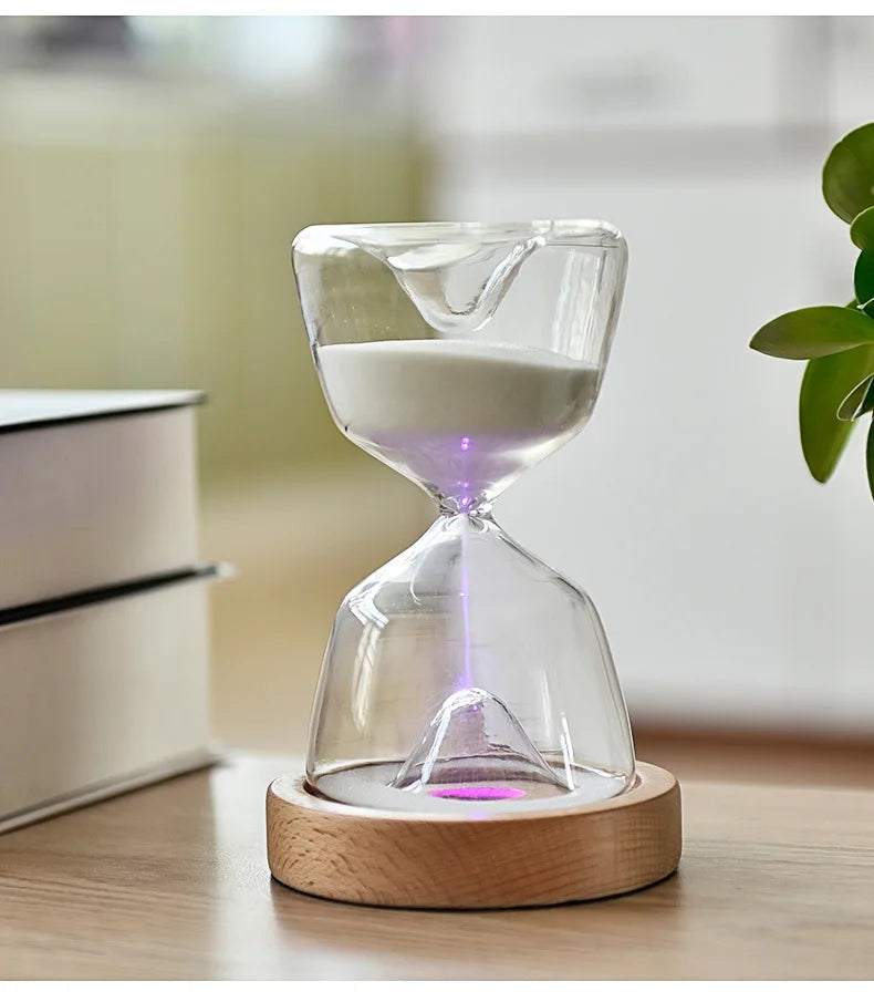 15 Minutes Luminous Remote Control Glass Hourglass Sand Timer Wood Bottom Night Light Sandglass Desk Home Decorative Toys