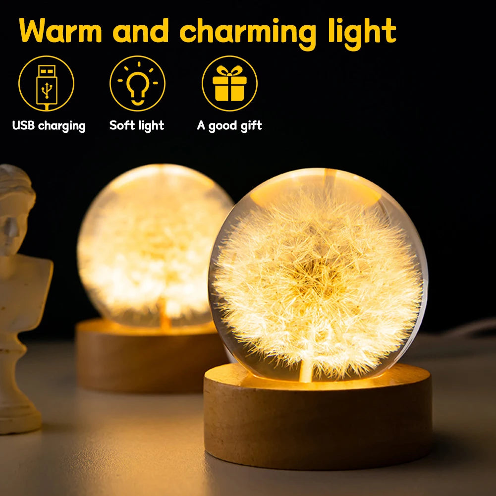 3D Crystal Ball Crystal Flower Night Light Dandelion Crystal Ball Night Lamp Birthday Gift Home Desktop Decoration with Base