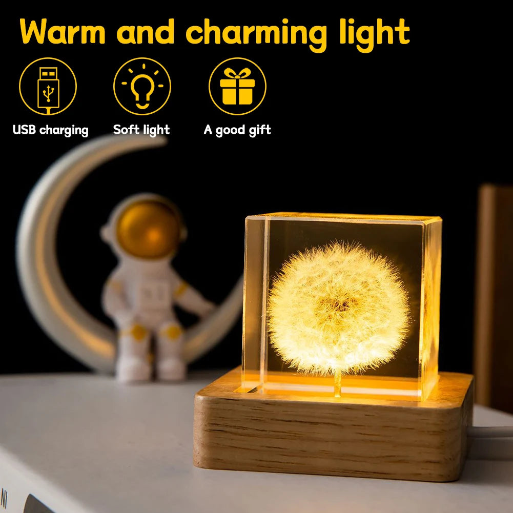3D Crystal Ball Crystal Flower Night Light Dandelion Crystal Ball Night Lamp Birthday Gift Home Desktop Decoration with Base